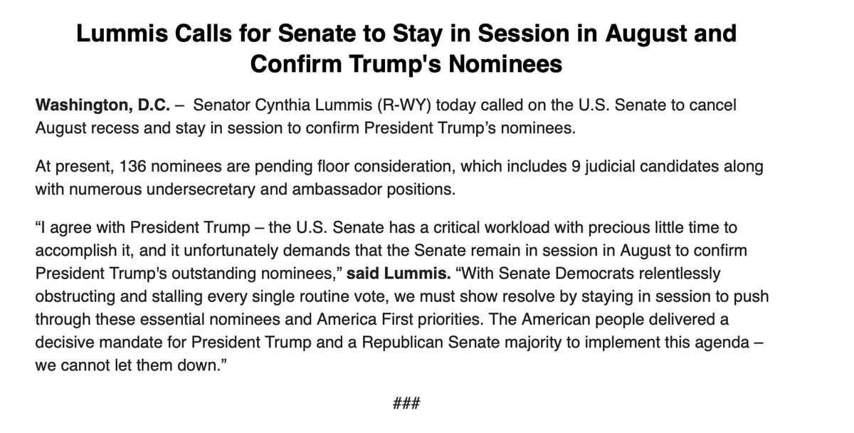 jacksonrichman's tweet image. .@SenLummis calls for Senate to skip August recess and instead confirm Trump's nominees