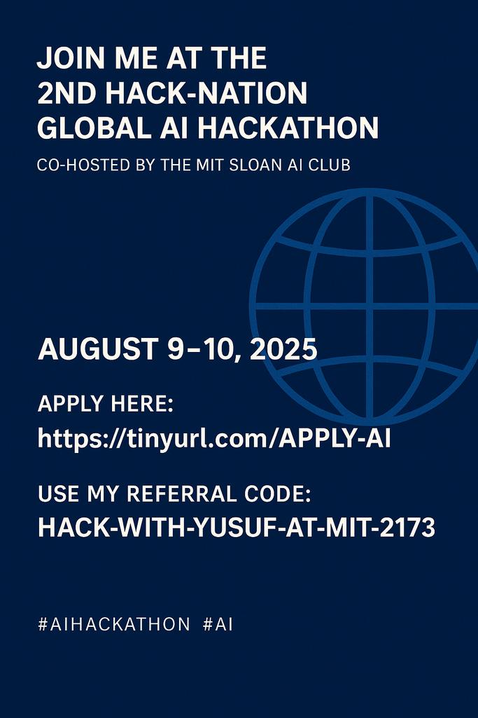 yusufiabichi's tweet photo. 🚨 Calling all AI hackers, coders & builders!
Join me at the global #HackNation AI Hackathon (MIT-hosted!) — happening Aug 9–10 🧠💥
Apply here: https://t.co/42VOU1KO5X
Use my referral: hack-with-Yusuf-at-MIT-2173
Let’s build something BIG. #AI #Hackathon #MachineLearning #MIT https://t.co/HKx5kqZ5yj