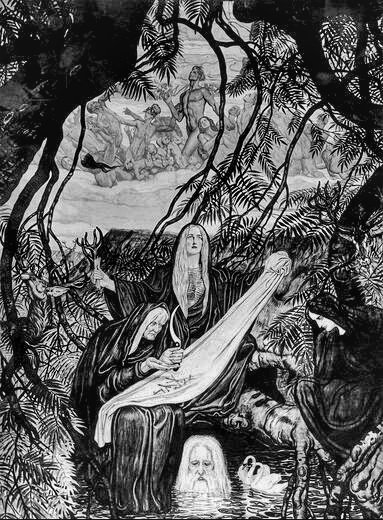 thulean_elf's tweet image. Tapestry of the Reich Chancellery:
Represented are the three Norns Urd, Verdandi & Skuld under the World-Tree Yggdrasil (01.01.1936)
An order from Adolf Hitler to the painter Franz Stassen and the Munich Nymphenburg tapestry manufactory.