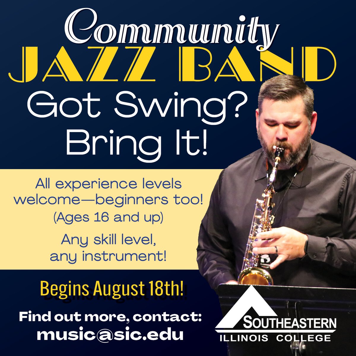 🎷 Join the SIC Community Jazz Band! Free &amp; open to ages 16+. Rehearsals Monday nights at SIC. All instruments &amp; skill levels welcome! 🎶
🎺 Learn more: sic.edu/band
👍 Follow: facebook.com/music.at.sic
#SoutheasternIllinoisCollege #SucceedInspireConnect #jazzband
