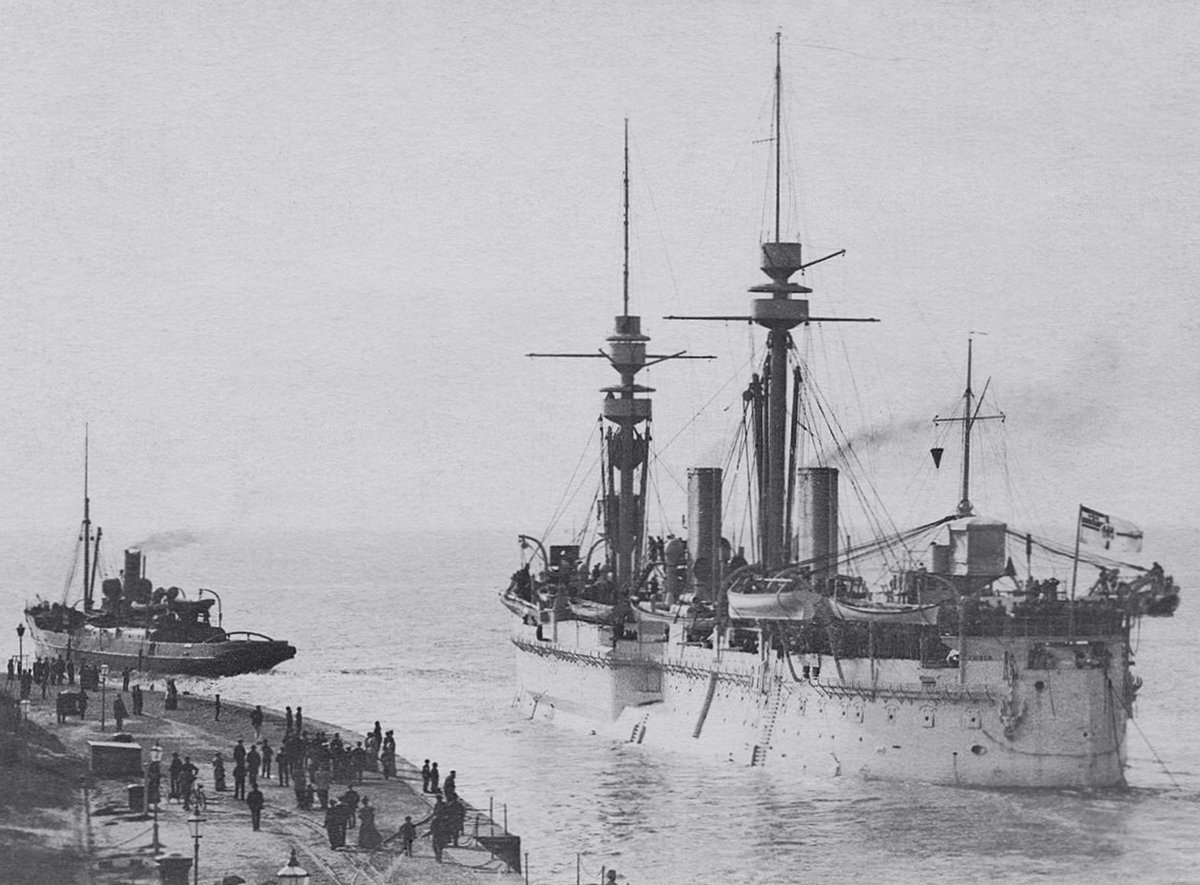 DramaWarship's tweet image. Date: May 04, 1895. Event: Recently assigned to the German Navy's East Asia Squadron, armored cruiser Kaiser is departing from the Wilhelmshaven Naval Base for Tsingtau, China. Current status: Scrapped in 1920-21, lifespan of 50 years.