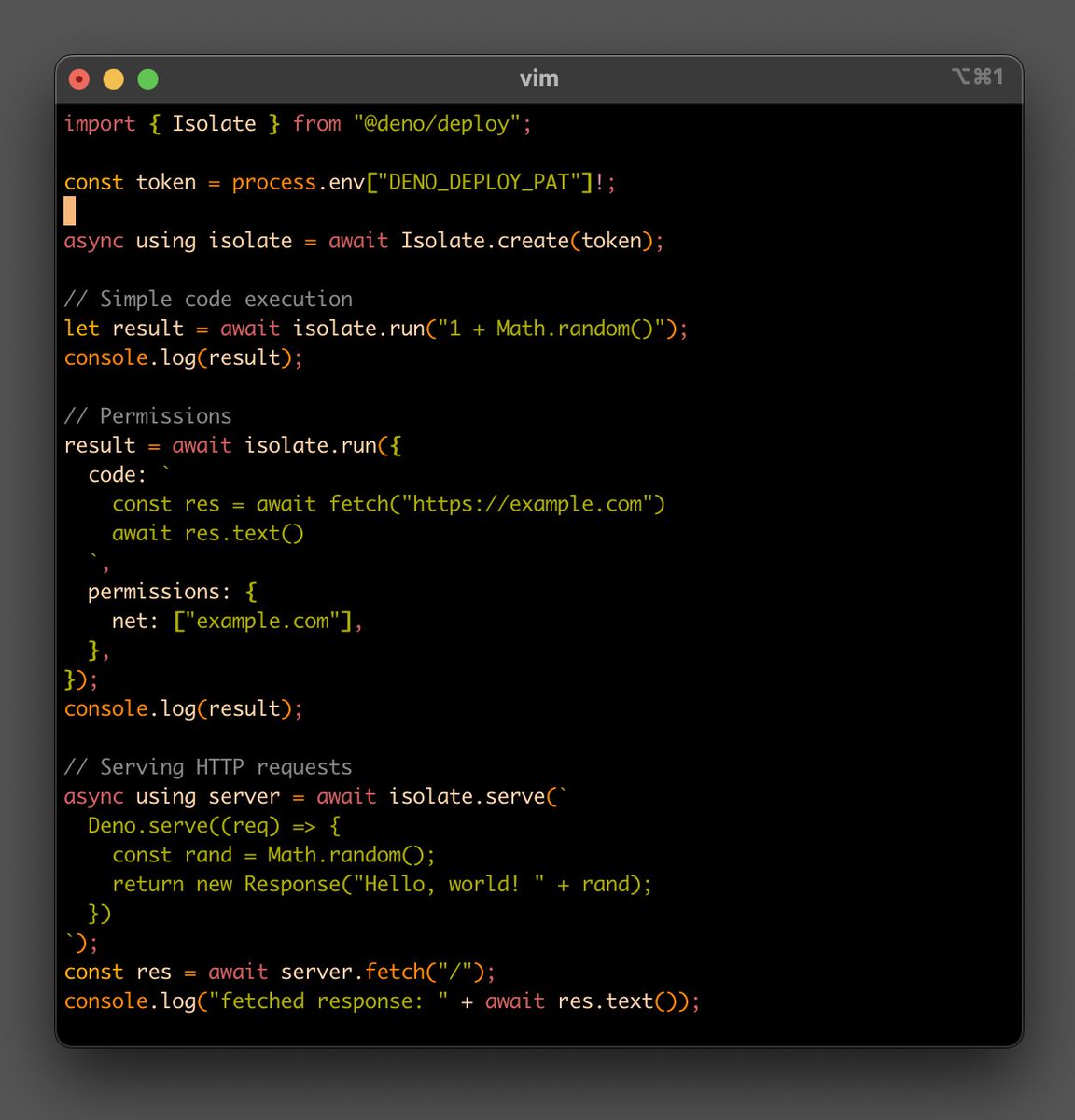 rough__sea's tweet image. Thinking about adding a new API to Deno Deploy to easily start isolates and execute code against them
wdyt - would you use it?