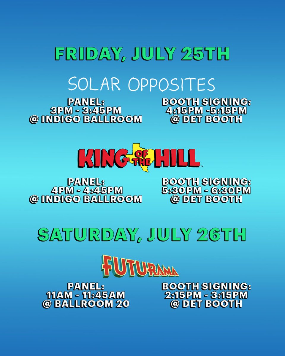 kingofthehill's tweet image. It's total animayhem at #SDCC! Don’t miss the #SolarOpposites, #KingOfTheHill, and #Futurama panels, signings and more this weekend at San Diego Comic-Con.