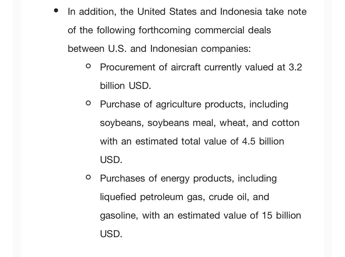 onestpress's tweet image. US-Indonesia trade agreement DRAFT (to be finalized in the coming weeks)
Major takeaways: US will impose 19% tariff on Indonesia (aka Americans who buy Indonesian products), Indonesia will lift 99% of tariffs (whatever this means)
Plus aircraft, agricultural and energy product…