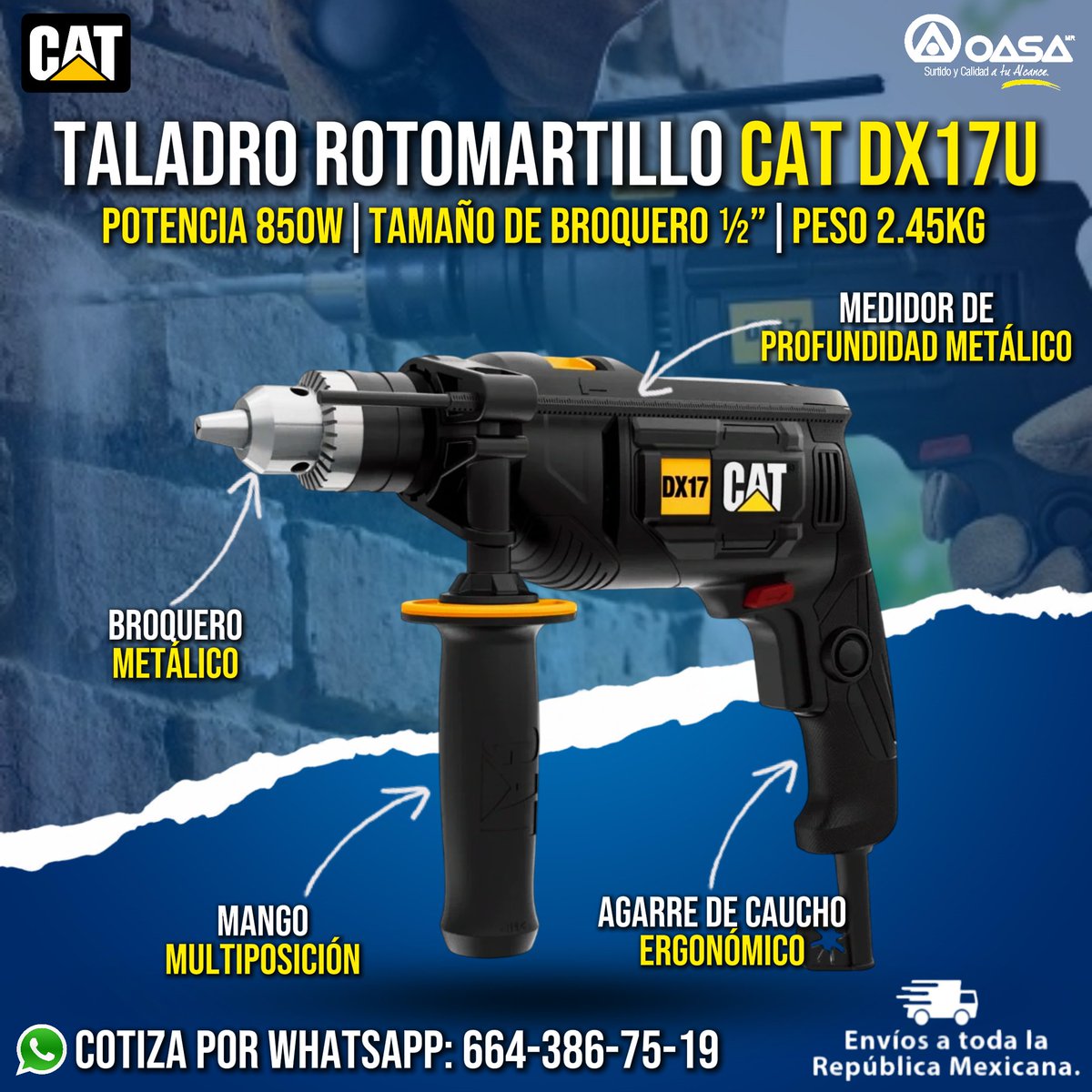 OASANorte's tweet image. Potente, preciso y ergonómico. Con 850W de potencia, broquero metálico de 1/2&quot;, mango multiposición y medidor de profundidad, es ideal para concreto, metal y madera.

📍 Av. Malinche #22, Col. Gabilondo, Tijuana
📲 Cotiza por WhatsApp: 664-386-75-19

 #OASANorte #CATtools