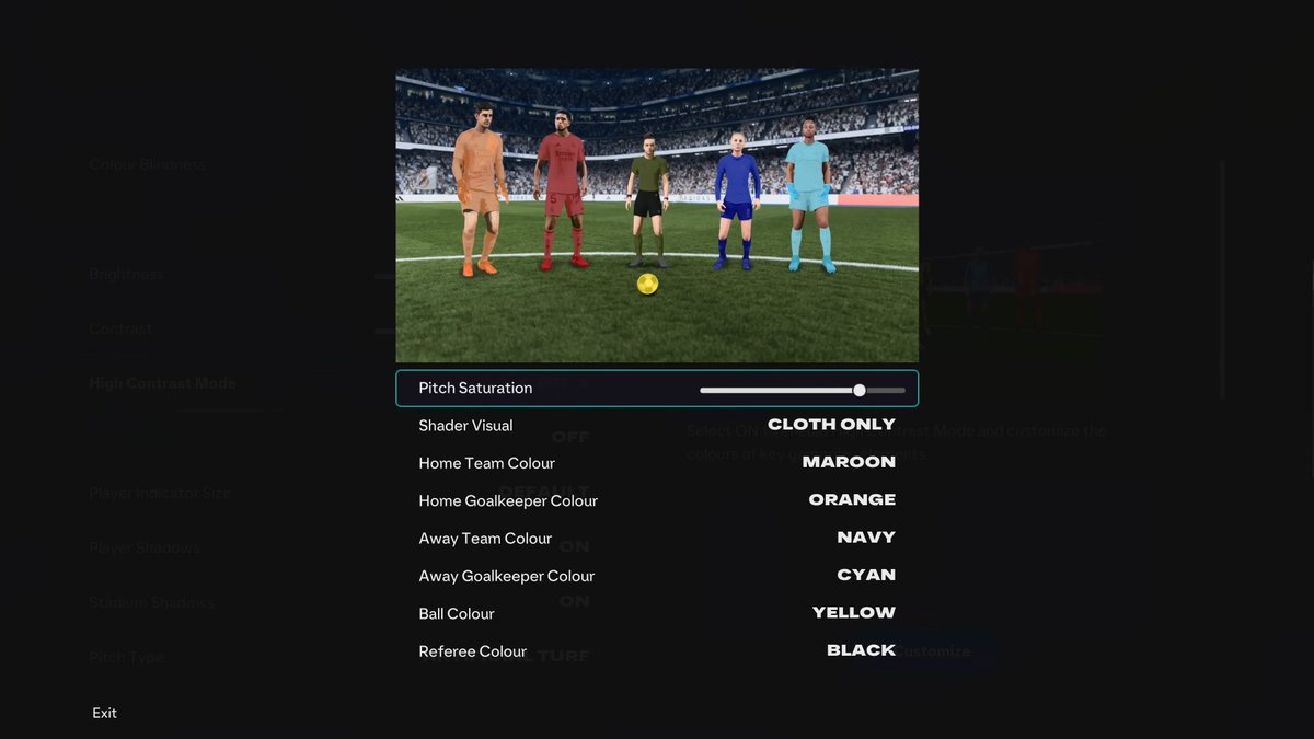 There we have it! They showed us how customizable the High Contrast Mode is in #EASportsFC26 in today's official gameplay video. Not only HCM, but also choose pitch saturation, stadium shadows and other features. Dang FC team, you guys DELIVERED! #Accessibility
