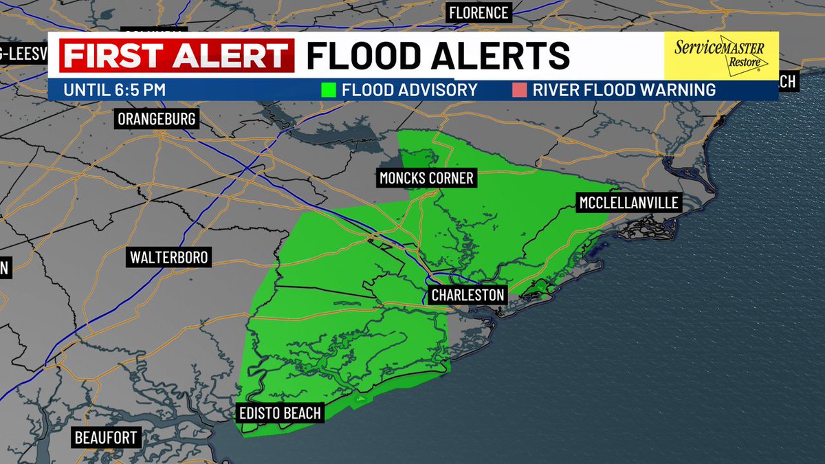 FIRST ALERT// Flood Advisory Extended Until 6:45 PM for parts of Berkeley, Dorchester, Colleton and Charleston Counties.  Heavy rain and ponding on the roads causing some localized flooding issues.  Also lots of lightning.  These storms will diminish after dinner.
