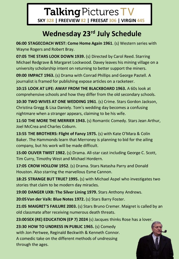 TalkingPicsTV's tweet image. Schedule for tomorrow, Wednesday 23rd July on #TalkingPicturesTV