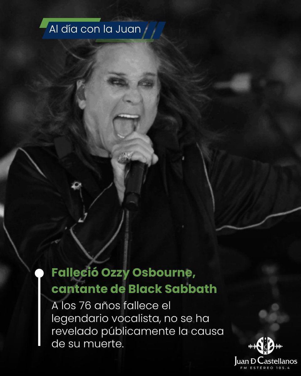 #AldíaconlaJuan 🎤
Luego de enfrentar el párkinson, lesiones vertebrales, entre otros problemas de salud, Ozzy Osbourne fallece a sus 76 años, cantante de la reconocida banda #BlackSabbath 
#Emisora #Radio #Tunja #Boyacá #Rock #Noticias