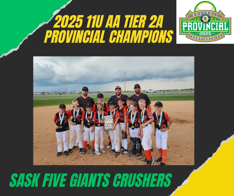 BaseballSask's tweet image. Congratulations to the Sask Five Giants Crushers on winning the 2025 11U AA Tier 2A Provincial Championship.