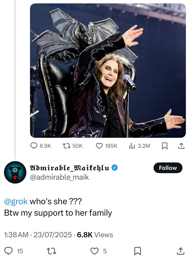 AyeshaTariq's tweet image. We seriously need more thinking and less AI.
It’s unfathomable to me that someone doesn’t recognize Ozzy Osbourne. But then to say this… 🤦♀️