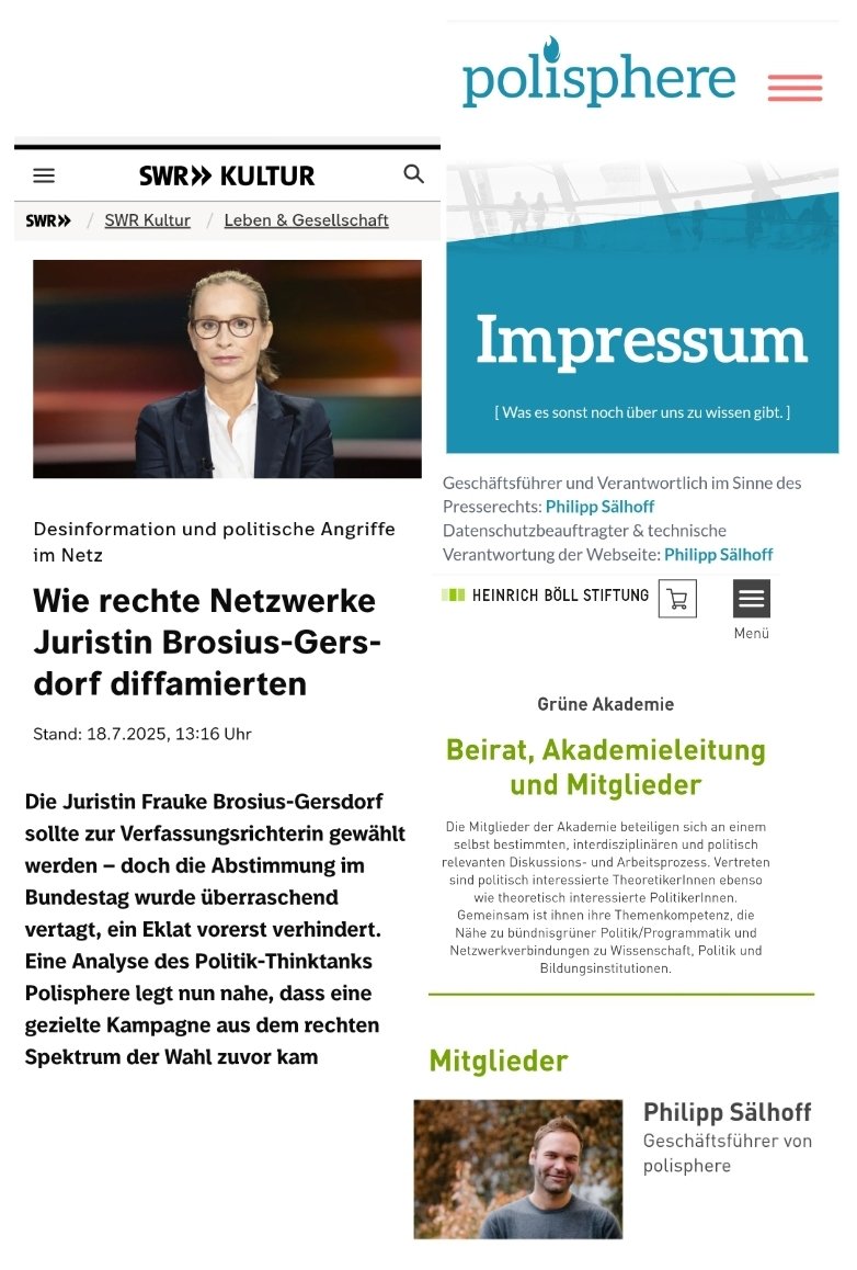 OERRBlog's tweet image. Laut der Daten-Analyse von Polisphere gab es rechte Kampagne mit Desinformation gegen Brosius-Gersdorf. Der Geschäftsführer dieses "Think-Tanks" ist Mitglied der Grünen Akademie der Heinrich-Böll-Stiftung. #OerrBlog