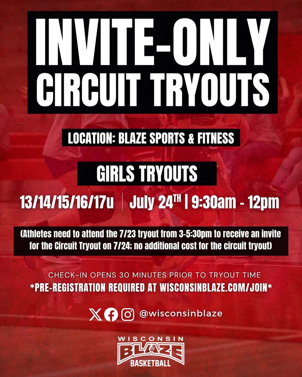 WisconsinBlaze's tweet image. Just a reminder that we will be hosting invite-only circuit tryouts for ages 15-17u (athletes must attend the 7/23 tryout in order to receive an invite to the 7/24 circuit tryout).
Register for tryouts at wisconsinblaze.com/join!