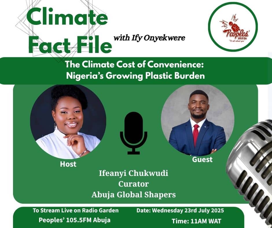 AbujaGSC's tweet image. As part of our climate reality project, the Hub Curator, Ifeanyi Chukwudi, will be live on the Climate Fact File programme on Peoples' 105.5FM to discuss Nigeria's growing plastic burden . 📻
You can stream the show tomorrow at 11 am here: radio.garden/listen/peoples…