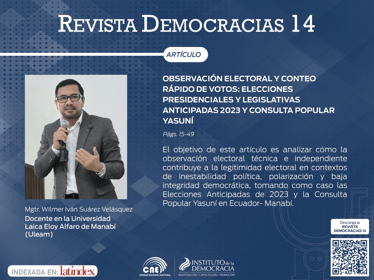 Instituto de la Democracia (@iddemocracia) on Twitter photo 📚En este artículo de la #RevistaDemocracias vol.14, <a href="/Suarez_Wilmer/">Wilmer Suárez</a> de la <a href="/UleamEcuador/">Uleam Ecuador</a> analiza el rol de la observación electoral para contribuir en la legitimidad electoral, a propósito de las #Elecciones2023Ec y #ConsultaPopular Yasuní.
👉 bit.ly/4jv4rPj 📚En este artículo de la #RevistaDemocracias vol.14, <a href="/Suarez_Wilmer/">Wilmer Suárez</a> de la <a href="/UleamEcuador/">Uleam Ecuador</a> analiza el rol de la observación electoral para contribuir en la legitimidad electoral, a propósito de las #Elecciones2023Ec y #ConsultaPopular Yasuní.
👉 bit.ly/4jv4rPj