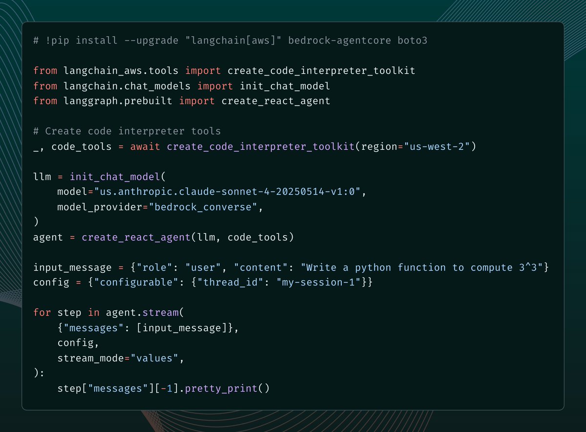 🛠️ Bedrock AgentCore tools in LangChain

It's now easy to use Bedrock AgentCore built-in tools with LangGraph agents.

Thank you to our AWS collaborators (github: 3coins and michaelnchin)!