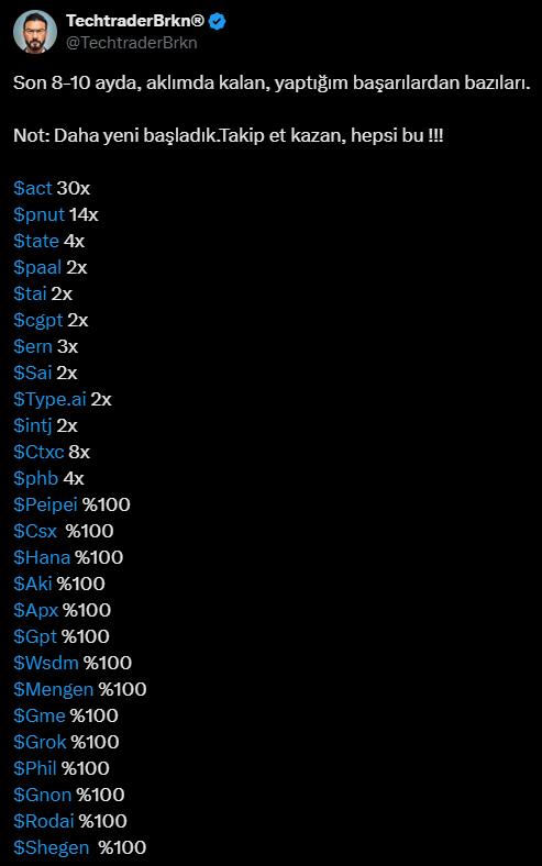 22.07.2025 GÜNCEL SEPETİM.   
$btc  ortalama boğa tepesine kadar taşıyıp; kademeli satış yapacağım.      

Majorler;   10x~25x beklentim. (sepet oranı %80)
$paal maliyet 0,219$
$wlfi maliyet 0,05$
$c  maliyet 0,295$ 
$typeai maliyet 0,15$
$sai maliyet 0,012$

Alt Coin Sepetim;