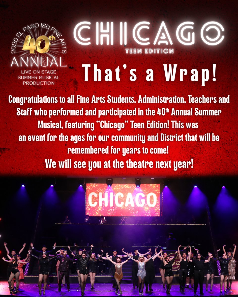 EL Paso ISD Fine Arts (@episd_finearts) on Twitter photo Congrats to all Fine Arts Students, Administration, Teachers and Staff who performed and participated in the 40*h Annual Summer Musical, featuring "Chicago" Teen Edition! <a href="/ELPASO_ISD/">El Paso ISD</a> <a href="/EPISD_FineArts/">EL Paso ISD Fine Arts</a> Congrats to all Fine Arts Students, Administration, Teachers and Staff who performed and participated in the 40*h Annual Summer Musical, featuring "Chicago" Teen Edition! <a href="/ELPASO_ISD/">El Paso ISD</a> <a href="/EPISD_FineArts/">EL Paso ISD Fine Arts</a>