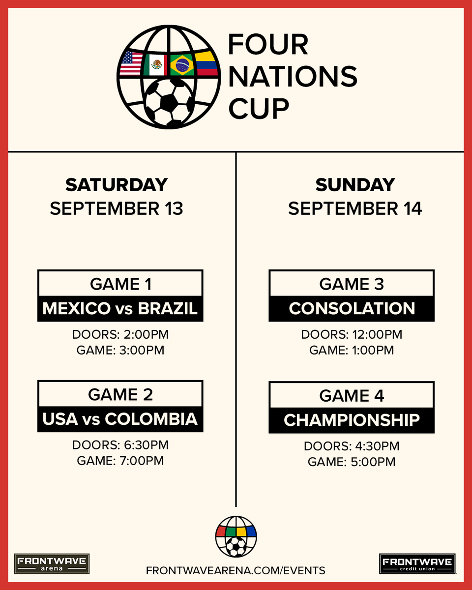Game on! The Four Nation Cup hits Frontwave Arena September 13–14. 🗓️⚡️

Check the schedule, mark your calendars, and join us for every goal.

🎟️ Get your tickets today: bit.ly/409BrWu