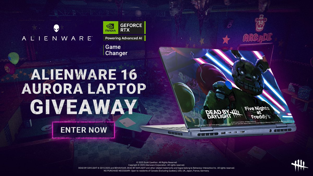 DeadbyDaylight's tweet image. It's been over a month since the release of Dead by Daylight: Five Nights at Freddy's, but we're not done celebrating!
Between July 22 and July 28, get a chance to win one Skinned Alienware 16 Aurora Gaming Laptop provided by @Alienware and @NVIDIAGeForce.
US/CA/JP/DE/FR/UK…