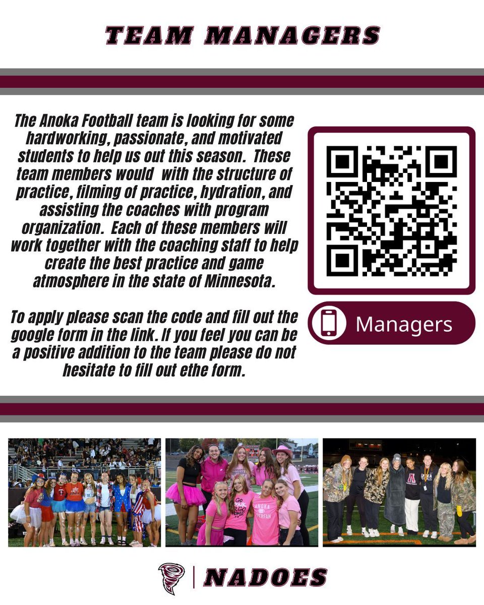 Anoka Football (@anokafootball) on Twitter photo We are seeking exceptional individuals who wish to contribute to the Anoka Football Family as student managers. If you would like to be part of the program, please fill out the attached form, and we will get back to you next week. Thanks. #EAT We are seeking exceptional individuals who wish to contribute to the Anoka Football Family as student managers. If you would like to be part of the program, please fill out the attached form, and we will get back to you next week. Thanks. #EAT