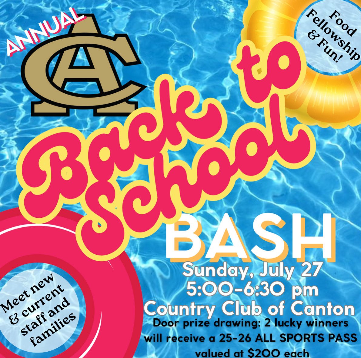 Hey, Panthers! Don’t miss our annual Back-to-School Bash at the Country Club of Canton this Sunday at 5pm! Bring your swimsuit, your family, and your appetite! Free hotdogs and hamburgers; Meet new and current staff and families. See you there!