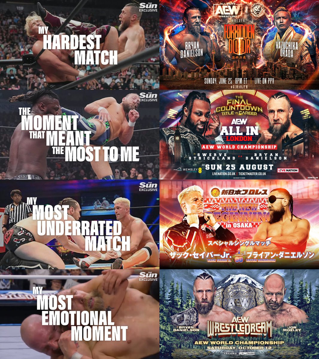 DrainBamager's tweet image. Bryan Danielson reveals favorite matches of his career:
• Hardest Match: vs Kazuchika Okada, Forbidden Door 2023
• Moment that Meant the Most: vs Swerve Strickland, All In 2024
• Most Underrated: vs Zack Sabre Jr., NJPW New Beginning in Osaka 2024
• Most Emotional Moment: vs…
