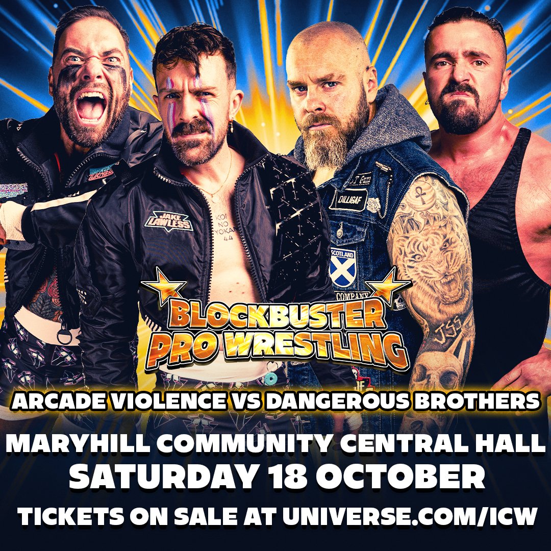 BlockbusterWres's tweet image. ANNOUNCEMENT: We've got a huge main event signed for Saturday 18 October in Maryhill, when Arcade Violence take on @TheOdDiTy_33 & @KezEvans95! universe.com/icw