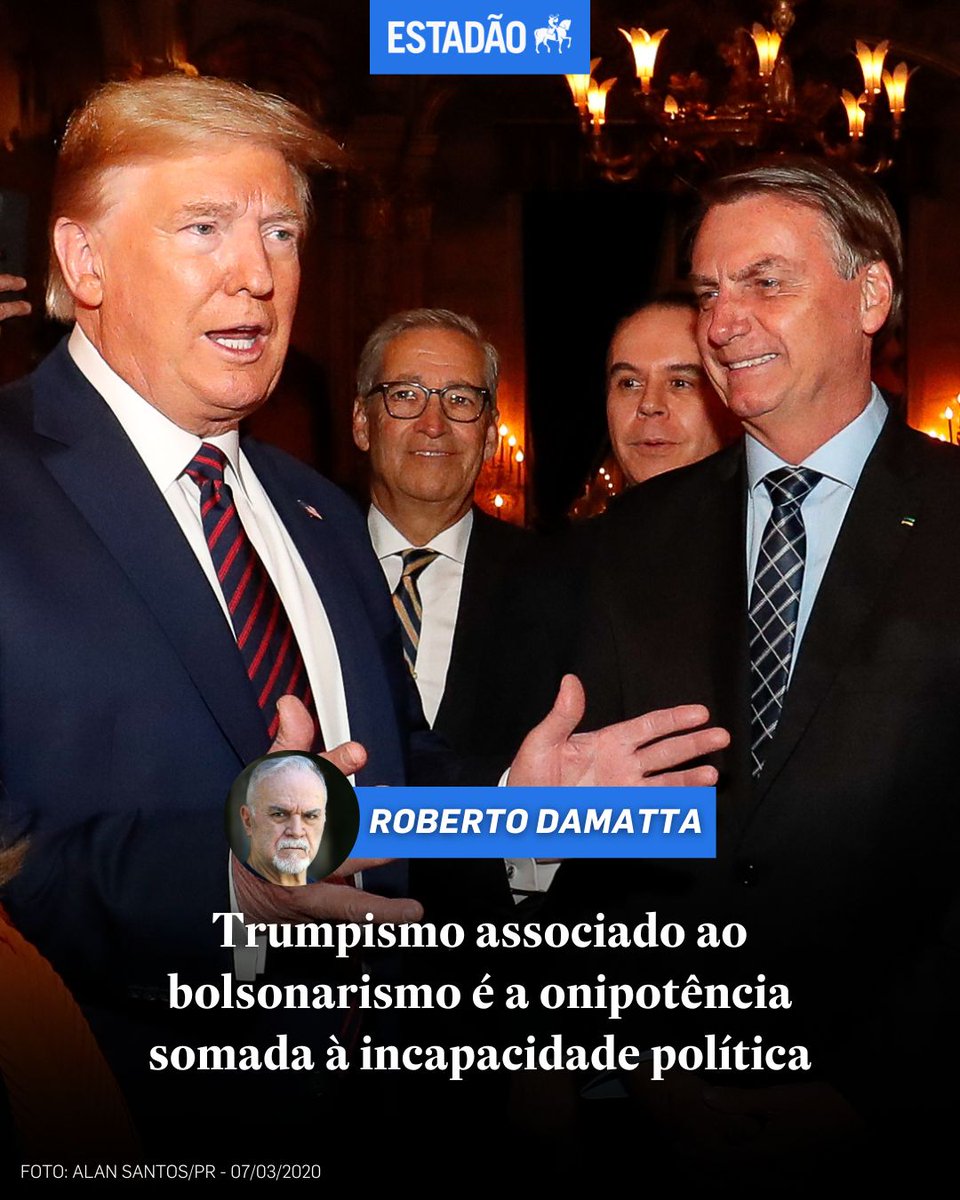 Estadao's tweet image. OPINIÃO | ROBERTO DAMATTA
'Trumpismo associado ao bolsonarismo é a onipotência somada à incapacidade política'
✍️ Leia a coluna completa no site do Estadão > bit.ly/3UpNLhL