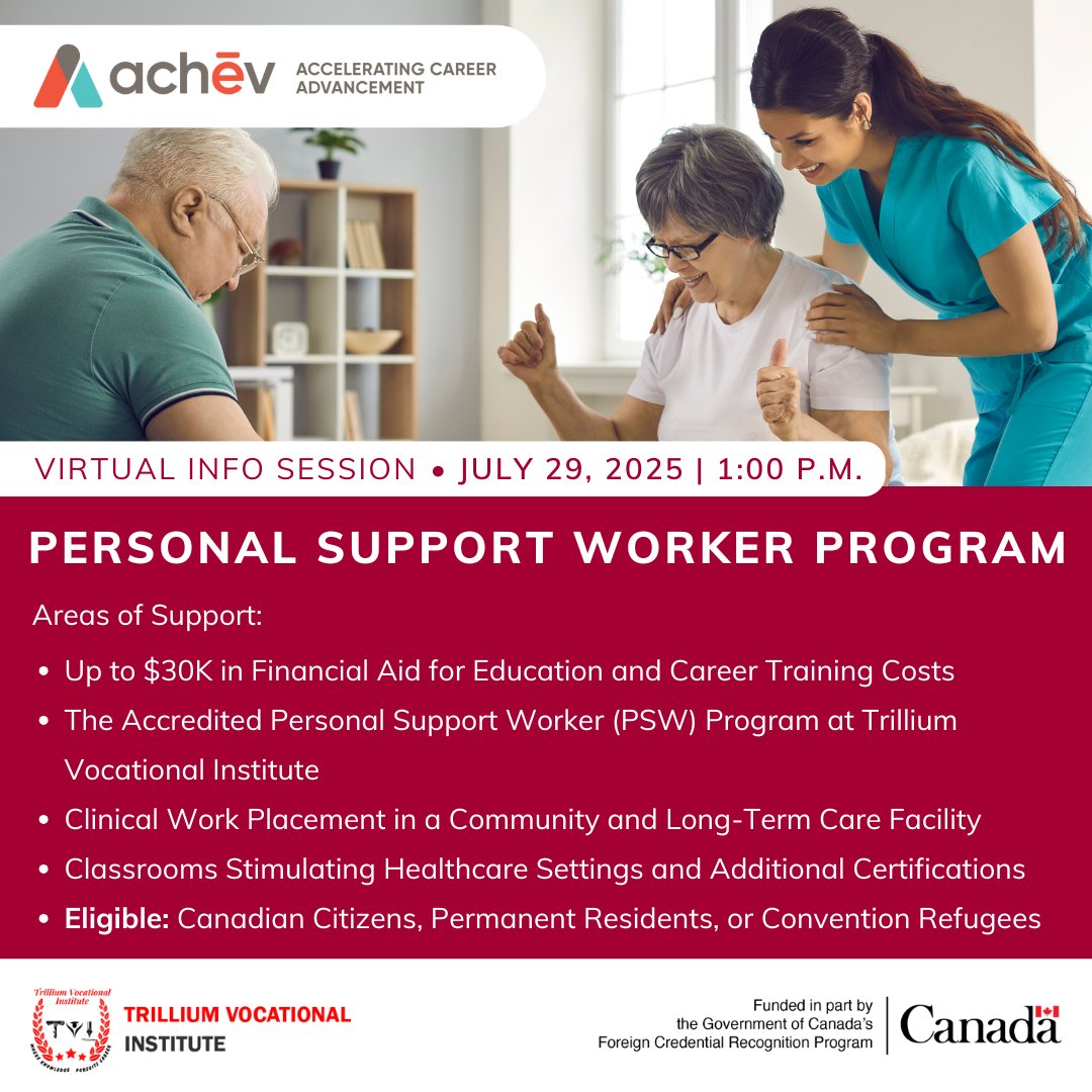 achev_ca's tweet image. Looking to become a certified Personal Support Worker? Attend our free webinar on July 29 at 1 p.m. to learn about a PSW Program that will equip you with the skills and knowledge needed to succeed in this field. Register now: bit.ly/4lZlVoB