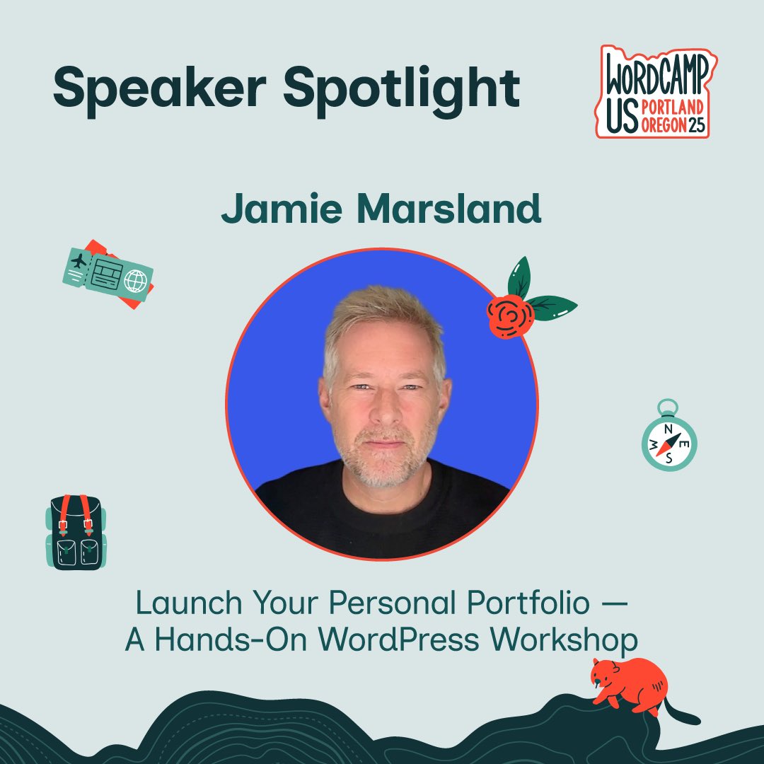 WordCampUS's tweet image. Speaker Spotlight:
Jamie Marsland, presenting Launch Your Personal Portfolio — A Hands-On WordPress Workshop
us.wordcamp.org/2025/speaker/j…
@pootlepress
#WordCamp #WordPress #WCUS #Portland