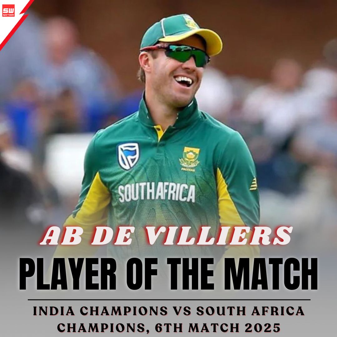 mysportswiz's tweet photo. PLAYER OF THE MATCH – AB DE VILLIERS
Mr. 360 turns back the clock with a vintage show in the 6th Match vs India Champions!
Class, power, and pure entertainment — AB still rules the game!
A true champion leading from the front!
https://t.co/pHmnsb7OTj
#India_Champions #Phillips #4thTest #Chalobah #Dhoni #Labubu #Guinness #RaviShastri #Pogba #Singapore #OldTrafford #Bengals #Joey #Watkins #Sarah #Fofana #NZvSA #CricketUpdate #WIvAUS #Sporting #RickyPonting #AUSAvSLAA #IREvZIM #WomensCricket #WCL2025 #T20Classics #BANvPAK #SachinTendulkar #SportsWiz
