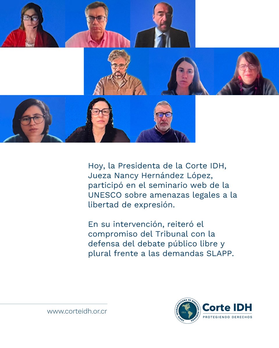 CorteIDH's tweet image. 🗣️ “Proteger a quienes nos permiten saber: expresión, verdad y democracia frente a las SLAPPs”.
Así tituló su intervención la Presidenta de la Corte IDH, Jueza Nancy Hernández López, durante el seminario web de la UNESCO sobre amenazas legales a la libertad de expresión.
En sus…