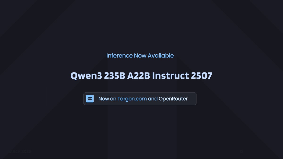 TargonCompute's tweet image. Qwen3-235B-A22B-2507 is live on both Targon and OpenRouter
$0.12 / M input tokens
$0.59 / M output tokens