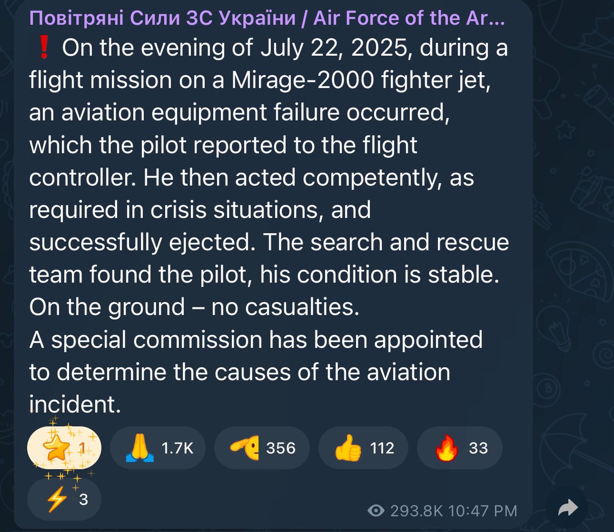 cym27s's tweet image. A Ukrainian Air Force Mirage 2000 crashed due to equipment failure shortly after taking off from Dubno Air Base in Rivne.
The pilot successfully ejected