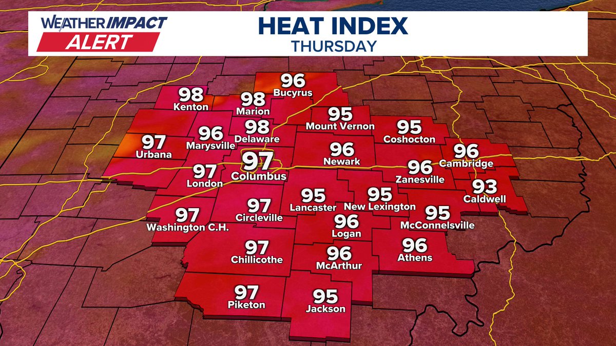 10TV's tweet image. WEATHER IMPACT ALERT: The heat and humidity will ramp up quickly heading into the second part of the week, with a high forecasted heat index, which will feel like mid to upper 90s. | 10tv.com/article/weathe…