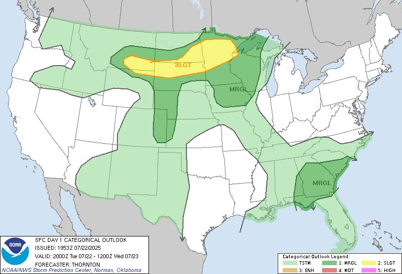NWSSPC's tweet image. 2:55pm CDT #SPC Day1 Outlook Slight Risk: PARTS OF THE NORTHERN PLAINS INTO THE UPPER MISSISSIPPI VALLEY spc.noaa.gov/products/outlo…