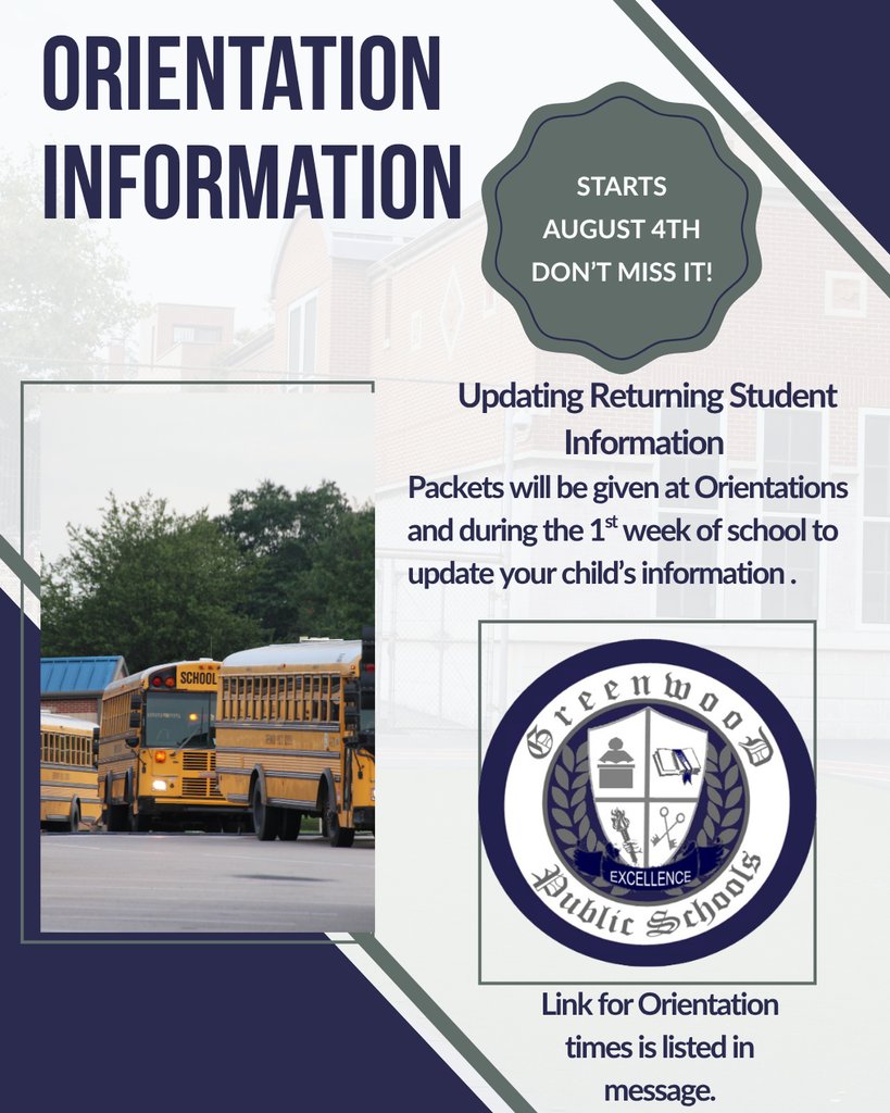 Orientation Information can be found at:
greenwoodk12.com/page/orientati…

Returning student information updates can be done at Orientations or during the first week of school.