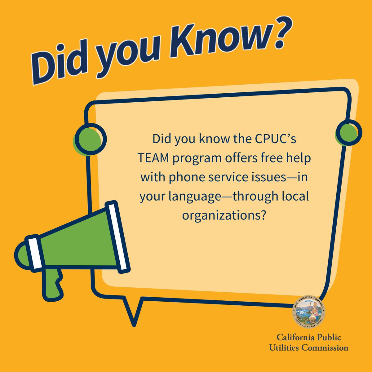 Did you know the CPUC’s TEAM program offers free help with phone service issues in your preferred language through local organizations? Learn more: cpuc.ca.gov/about-cpuc/div…
 #cpuc #communications