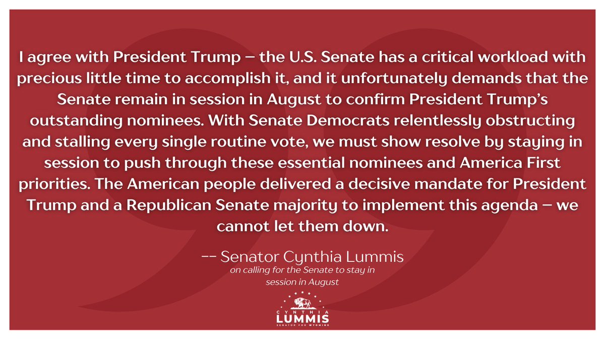 SenLummis's tweet image. There’s too much work to be done to go home in August. I’m calling on my colleagues to stay in Washington and finish the job the American people elected us to do.
🔗lummis.senate.gov/press-releases…