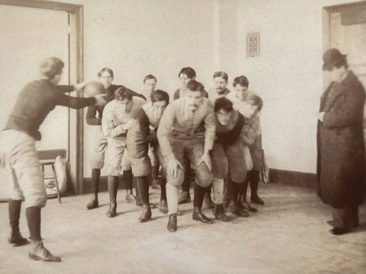 cfbhall's tweet image. Talk about putting belt to mass! 💥

In 1892, Harvard’s “Flying Wedge” had teammates locking arms and grabbing onto a belt worn by the ball carrier—charging full speed like a human battering ram.
It worked... until injuries banned it after one season.
See a belt from that era at…