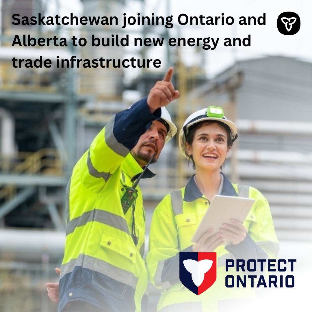 In the face of U.S. tariffs, Ontario is working with Alberta &amp; Saskatchewan to build pipelines, rail lines &amp; energy infrastructure with Ontario steel.

This is part of our plan to boost Canadian free trade, #protect Ontario workers &amp; grow our economy.

🔗: news.ontario.ca/en/release/100…
