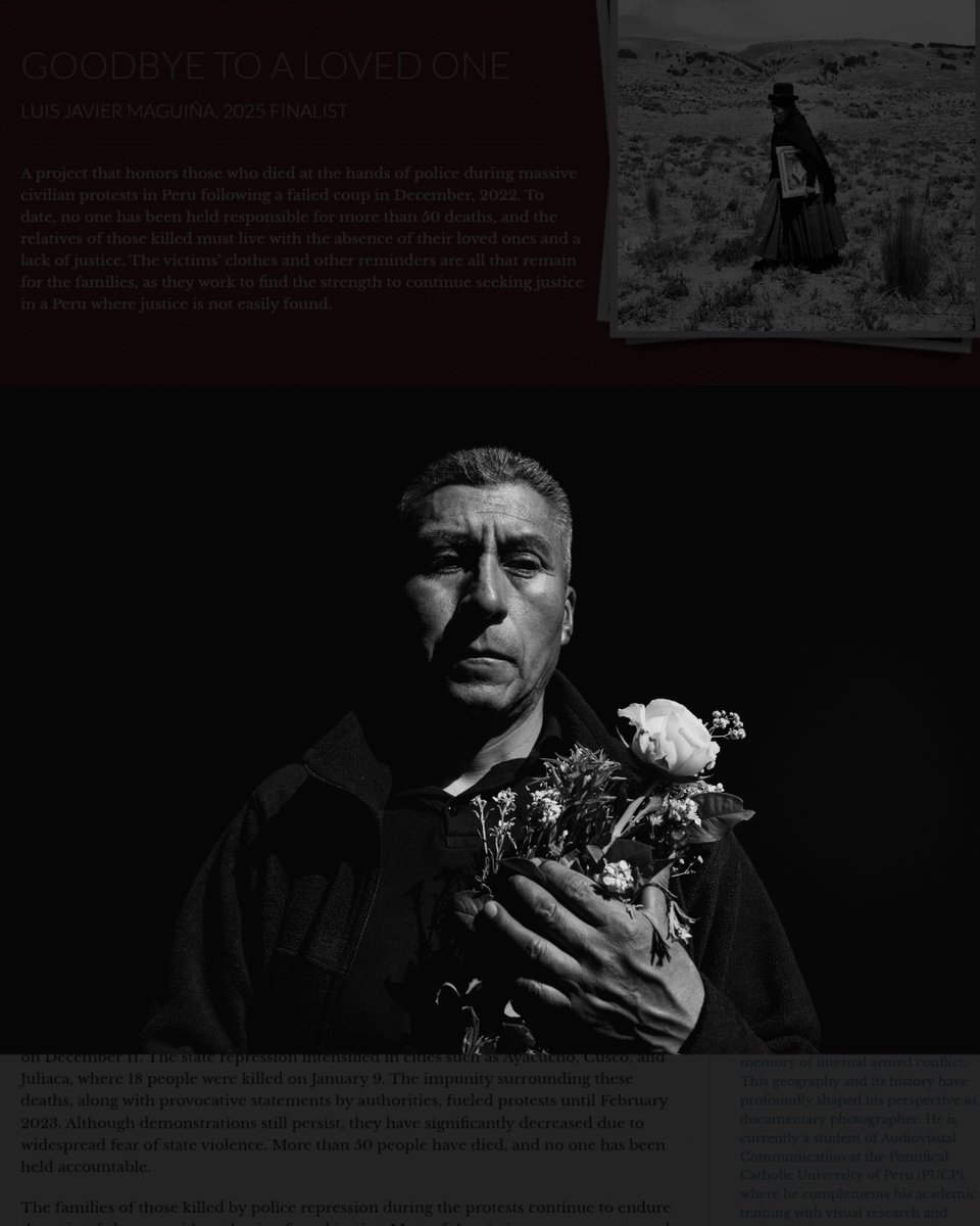 luisjaviermlx's tweet photo. Agradecido con The Aftermath Project por haber seleccionado Adiós a un ser querido como finalista 2025.

Este trabajo nace del duelo y la dignidad de las familias que exigen justicia tras las protestas en Perú.
📎 Proyecto completo: https://t.co/h7dCp9plSi https://t.co/gulwcI5uWY