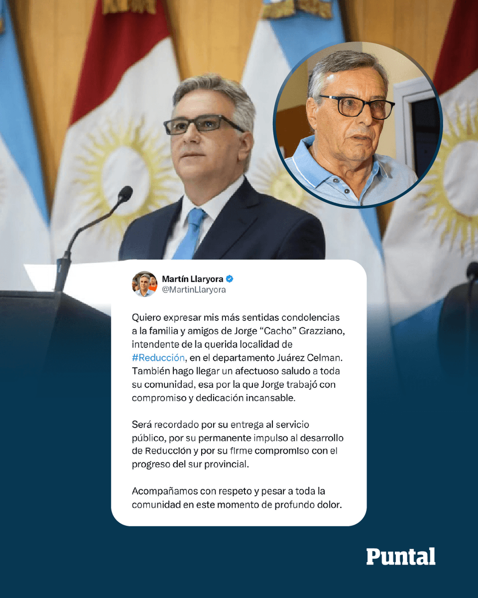 DiarioPuntal's tweet image. 🫂📲 Conmoción por la muerte de “Cacho” #Grazziano: #Llaryora, Prunotto y Calvo lo despidieron en redes

💬 Los dirigentes provinciales expresaron su pesar por la muerte del #intendente de #Reducción a través de emotivos mensajes en redes sociales.

🌐puntal.com.ar