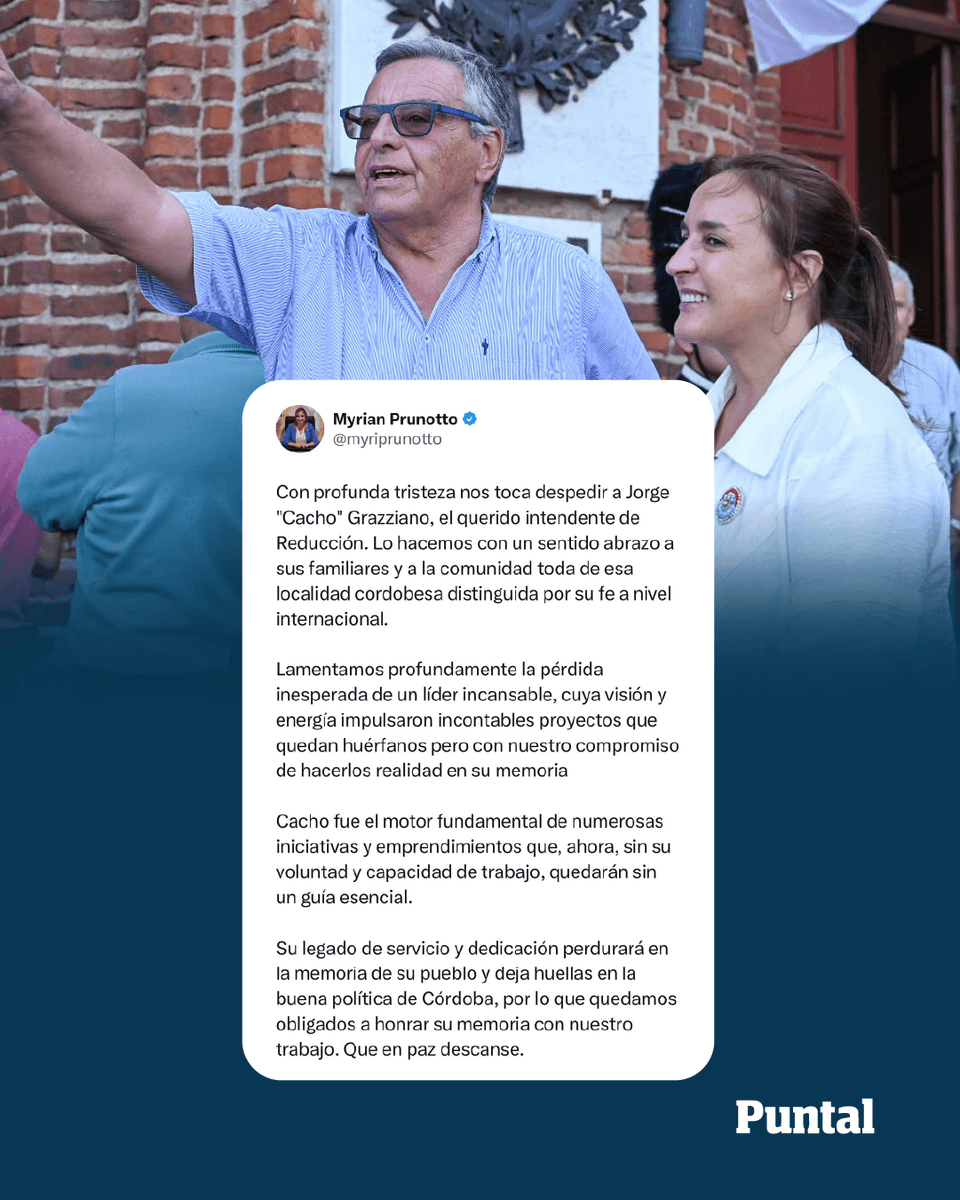 DiarioPuntal's tweet image. 🫂📲 Conmoción por la muerte de “Cacho” #Grazziano: #Llaryora, Prunotto y Calvo lo despidieron en redes

💬 Los dirigentes provinciales expresaron su pesar por la muerte del #intendente de #Reducción a través de emotivos mensajes en redes sociales.

🌐puntal.com.ar