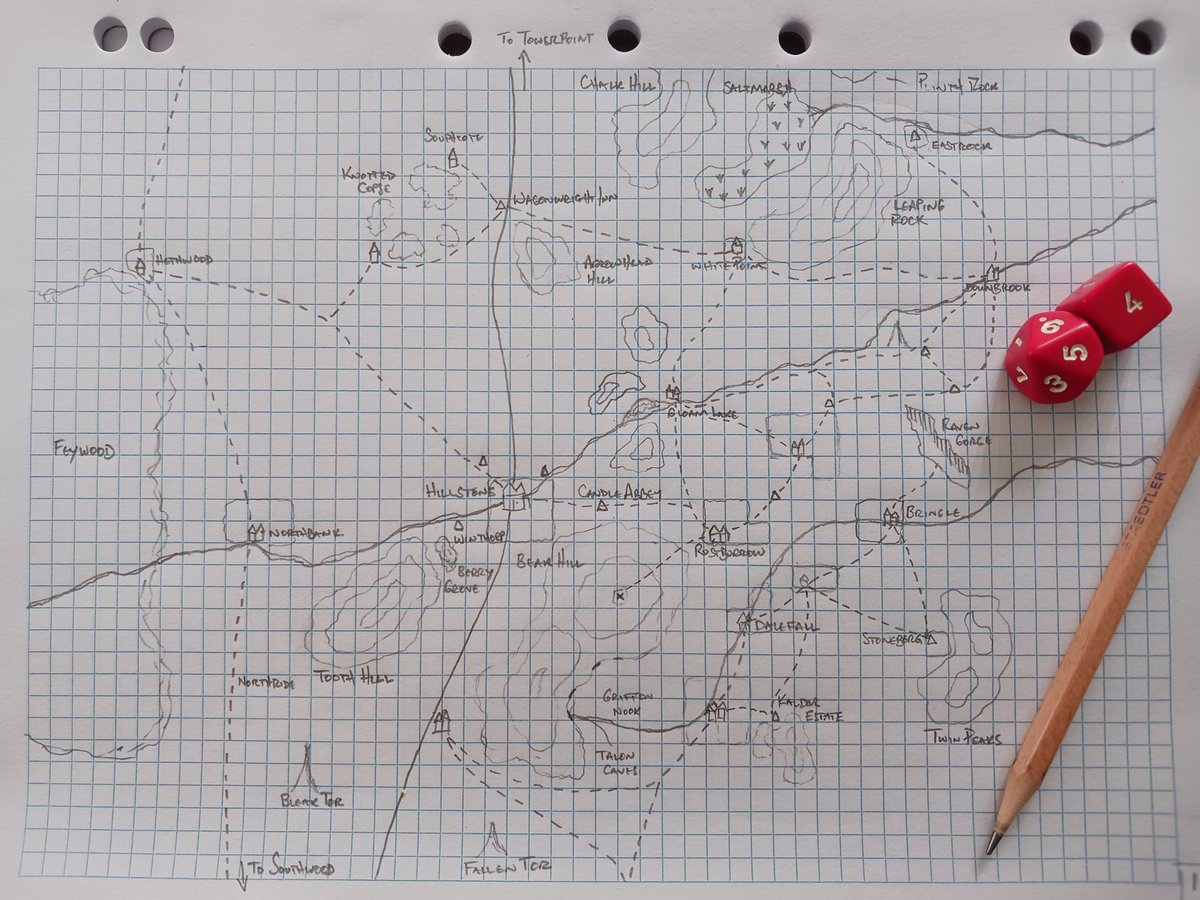 yum_dm's tweet image. More map-making over the weekend. I find this very relaxing, and it fills in another part of my #DnD world. This area is known as the Eastern Hills as it sits just east of the Trade Way. Two of the PCs from my solo game are there currently. #TTRPG #DungeonsAndDragons #WIP