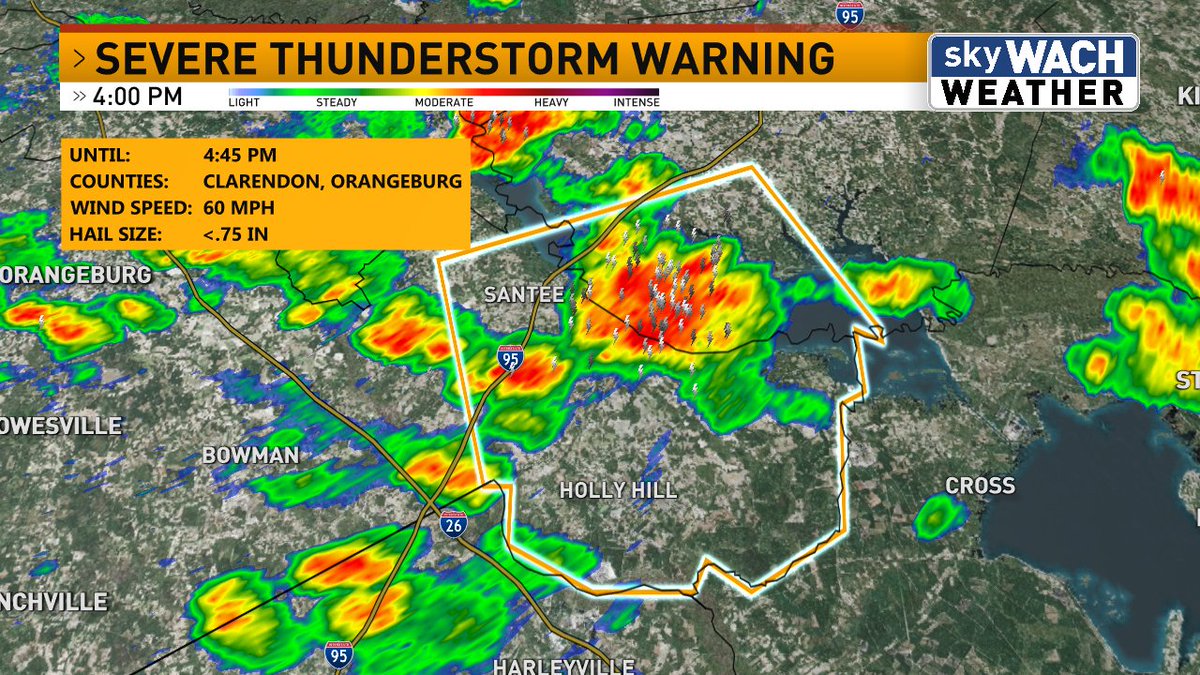 TKanost's tweet image. A Severe Thunderstorm Warning is in effect until 4:45 pm for Clarendon and Orangeburg Counties. #scwx