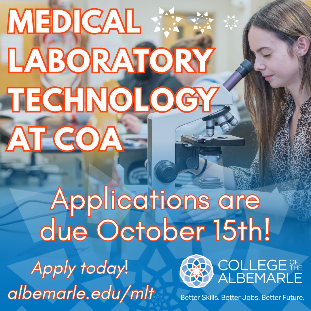 Ready to transform lives? Check out the Medical Laboratory Technology (MLT) program at COA!
🐬🧡💙
Applications for the MLT program are open until October 15th! Don't miss out on your opportunity to #TransformYourTomorrow!
albemarle.edu/apply

#BetterSkillsBetterJobs