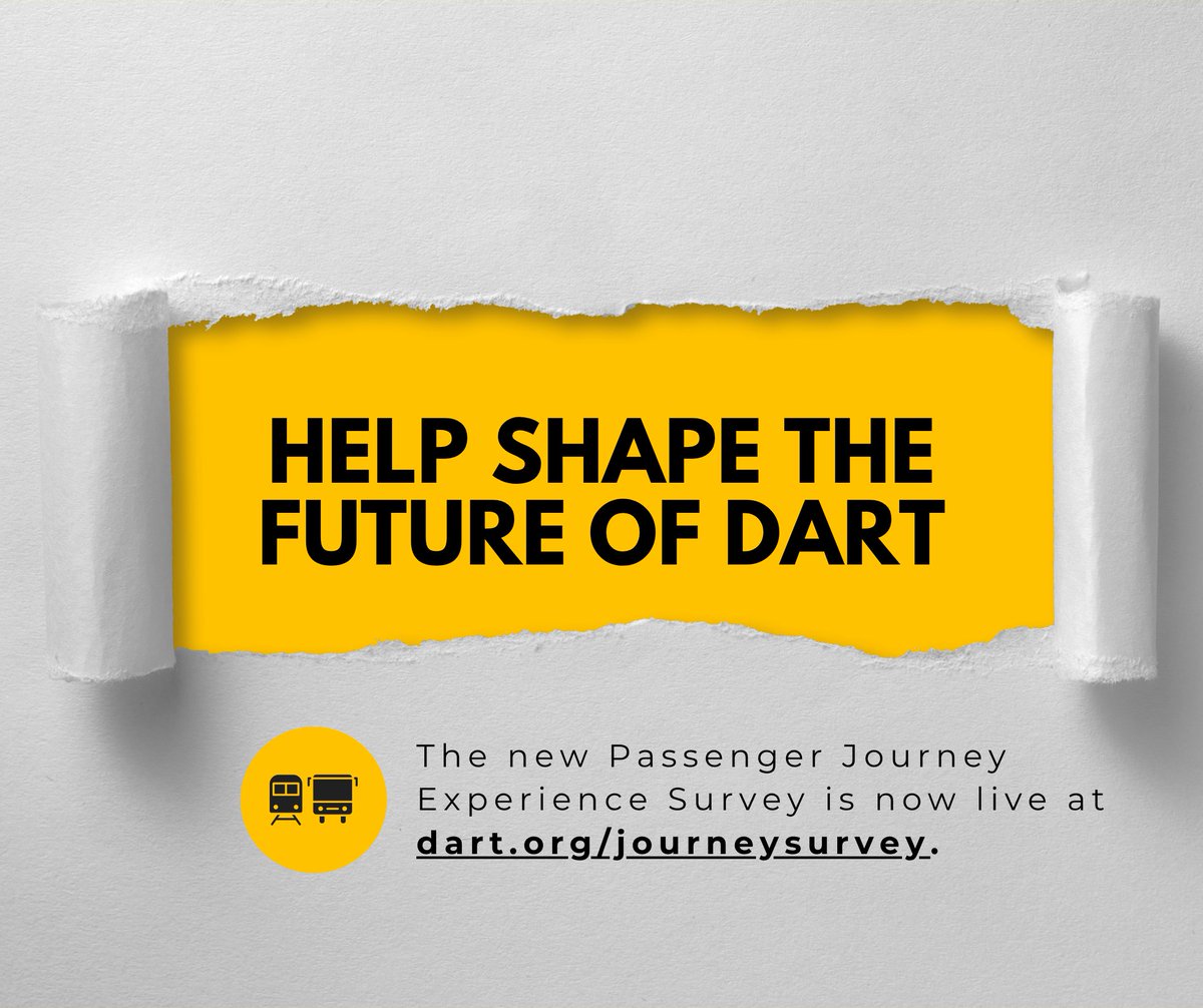 DART wants to hear about your full passenger experience—from doorstep to destination. The new Passenger Journey Experience Survey is now live at dart.org/journeysurvey. 🎯

Learn more about the DART Transform initiative at dart.org/transform.