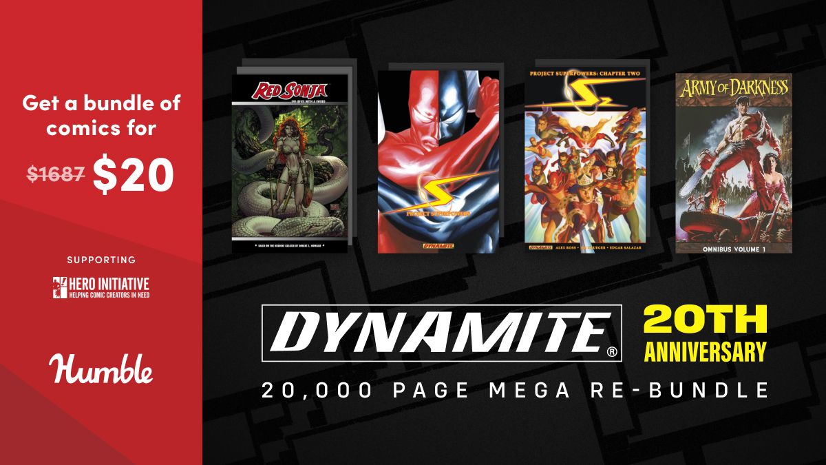 humble's tweet image. Witness the beginnings of an iconic comic character in Vampirella Archives Vol. 01 - 02, featuring art and stories by Neal Adams, Frank Frazetta, Alan Weiss, and more!
The Dynamite 20th Anniversary 20,000 Page Mega Re-Bundle supports @HeroInitiative | bit.ly/4m51IxC